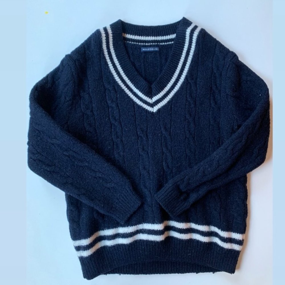 Brandy Melville "Nikki" Heavy Wool Navy V-Neck White Striped Sweater